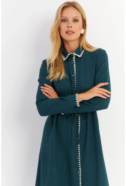 Kadın Yeşil Garnili Gömlek Midi Elbise MASF10