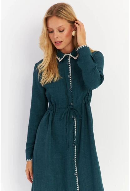 Kadın Yeşil Garnili Gömlek Midi Elbise MASF10