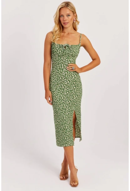 Kadın Yeşil İnce Askılı Midi Elbise MON125