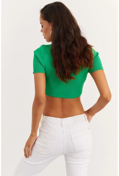 Kadın Yeşil Kare Yaka Triko Bluz TEM95