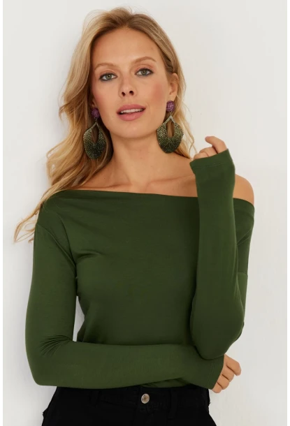 Kadın Yeşil Kayık Yaka Bluz LPP1254