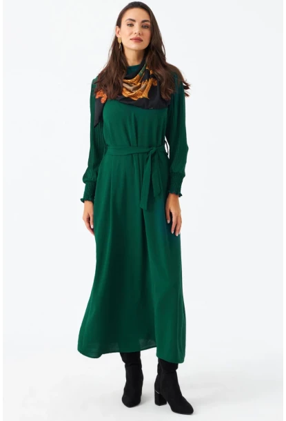 Kadın Yeşil Kolları Pileli Kemerli Maxi Elbise MASF124