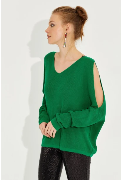 Kadın Yeşil Kolu Yırtmaçlı Triko Bluz SMT221