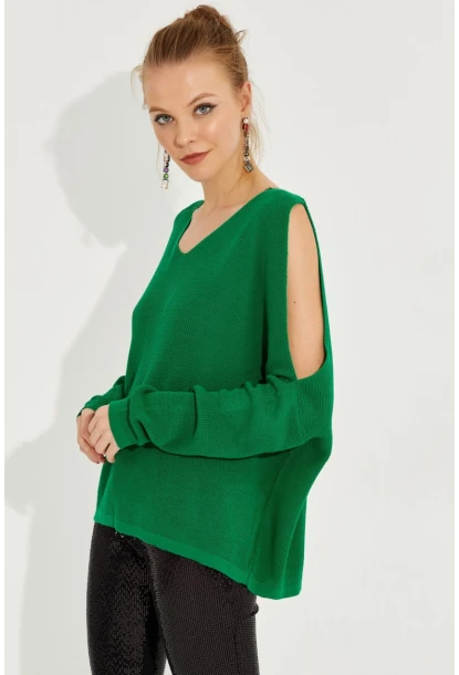 Kadın Yeşil Kolu Yırtmaçlı Triko Bluz SMT221