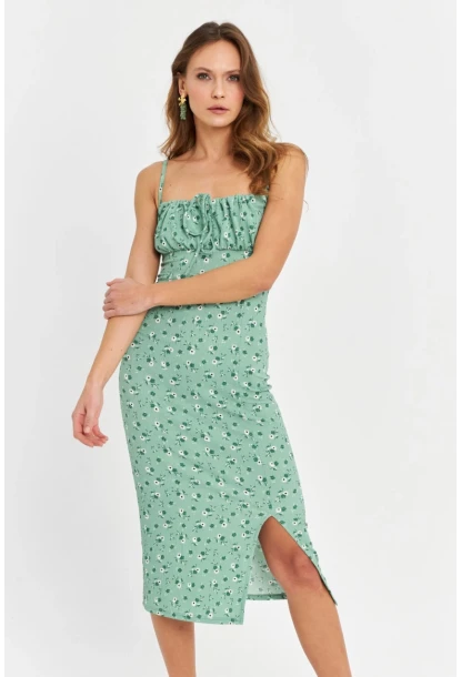 Kadın Yeşil Önü Bağlamalı Midi Elbise MTK10546