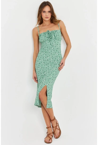 Kadın Yeşil Önü Bağlamalı Midi Elbise MTK10546