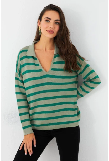 Kadın Yeşil Polo Yaka Çizgili Triko Kazak SE01