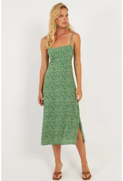 Kadın Yeşil Sırtı Gipeli Desenli Midi Elbise MP427