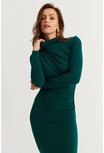 Kadın Zümrüt Yeşil Drape Maxi Elbise DMR377