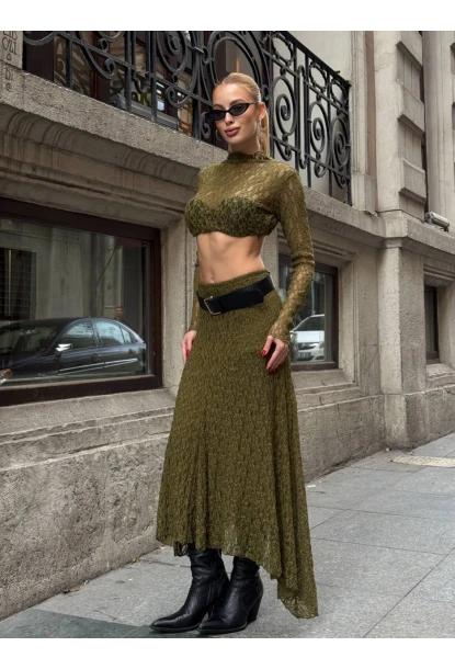 Asimetrik Dantel Kumaş Yeşil Etek