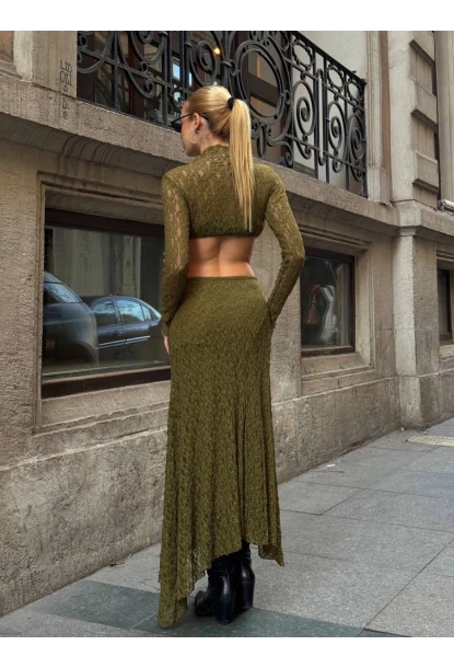 Asimetrik Dantel Kumaş Yeşil Etek