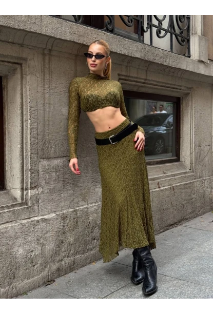 Asimetrik Dantel Kumaş Yeşil Etek