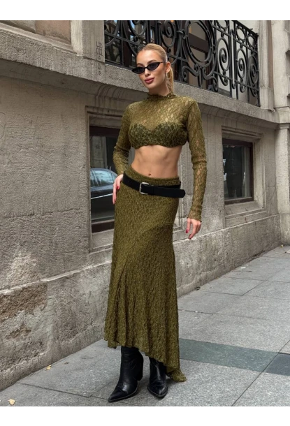 Asimetrik Dantel Kumaş Yeşil Etek