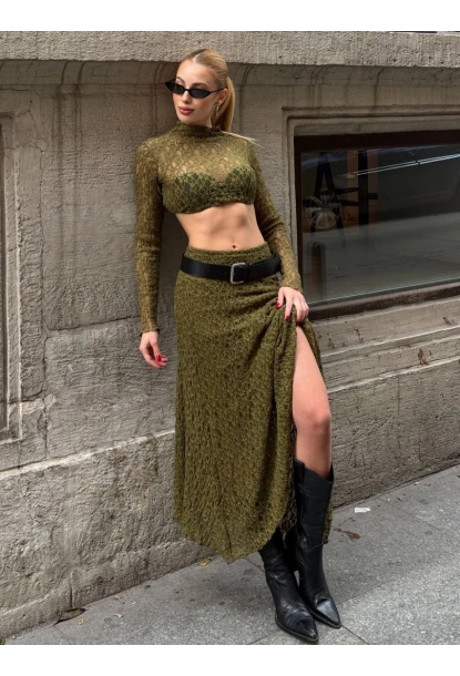 Asimetrik Dantel Kumaş Yeşil Etek