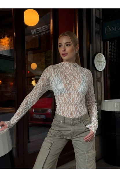 Balıkçı Yaka Bürümcük Beyaz Dantel Bluz