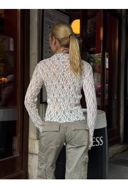 Balıkçı Yaka Bürümcük Beyaz Dantel Bluz