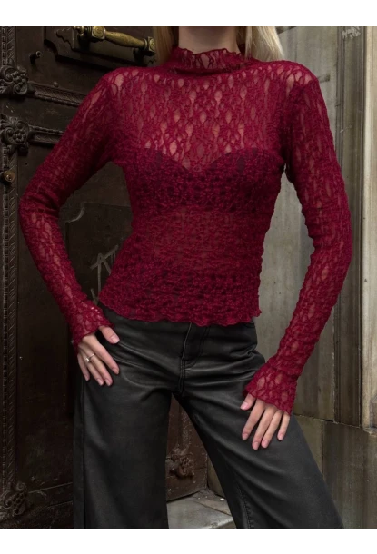 Balıkçı Yaka Bürümcük Bordo Dantel Bluz