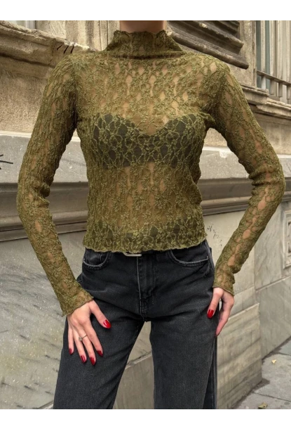 Balıkçı Yaka Bürümcük Yeşil Dantel Bluz
