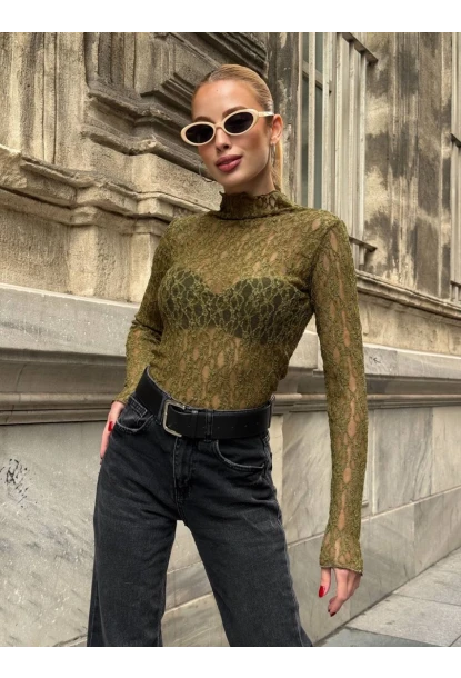 Balıkçı Yaka Bürümcük Yeşil Dantel Bluz