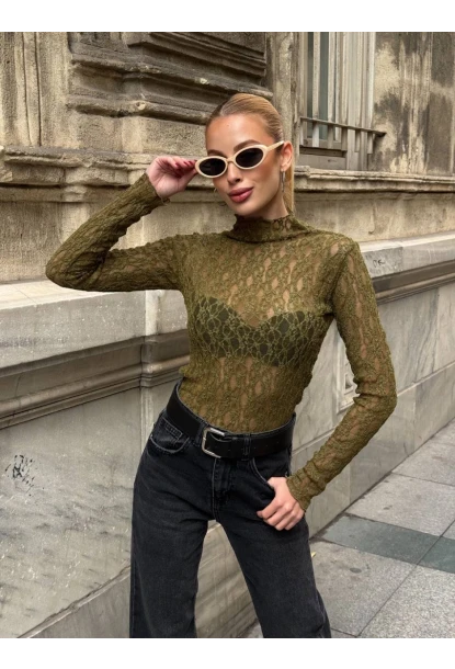 Balıkçı Yaka Bürümcük Yeşil Dantel Bluz