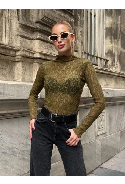 Balıkçı Yaka Bürümcük Yeşil Dantel Bluz