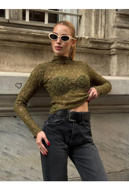 Balıkçı Yaka Bürümcük Yeşil Dantel Bluz