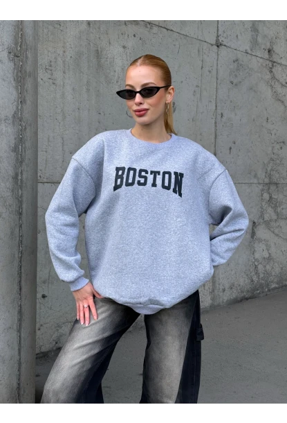 Boston Baskılı Gri Oversize Üç İplik Kadın Sweatshirt