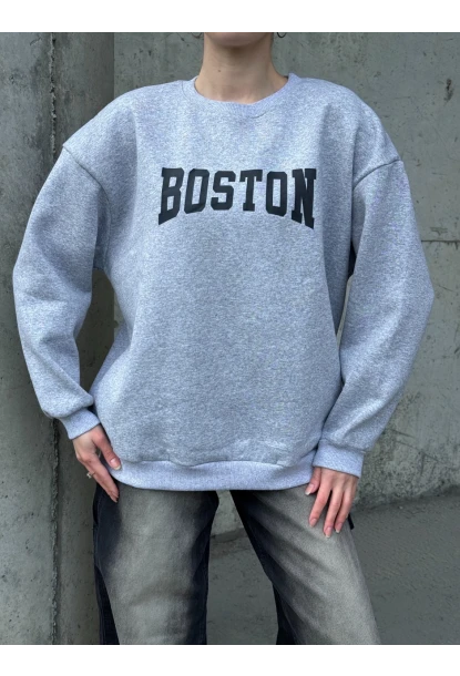 Boston Baskılı Gri Oversize Üç İplik Kadın Sweatshirt