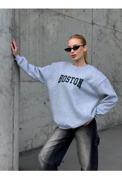Boston Baskılı Gri Oversize Üç İplik Kadın Sweatshirt