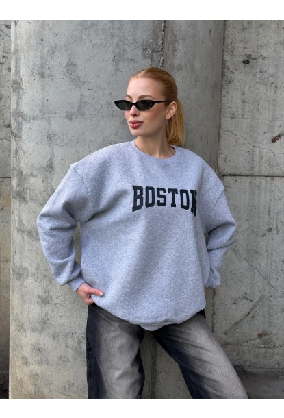 Boston Baskılı Gri Oversize Üç İplik Kadın Sweatshirt