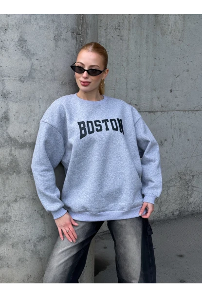 Boston Baskılı Gri Oversize Üç İplik Kadın Sweatshirt