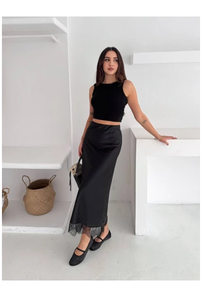 Dantel Detay Saten Uzun Etek