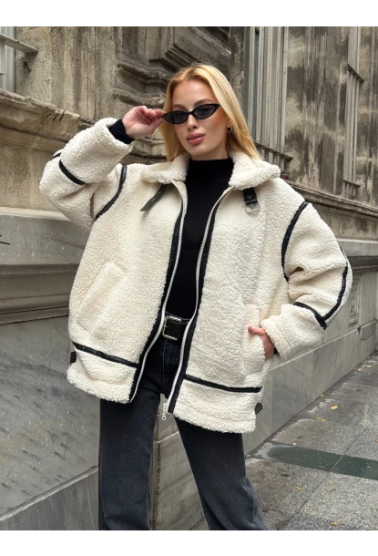 Deri Biyeli Fermuarlı Peluş Mont