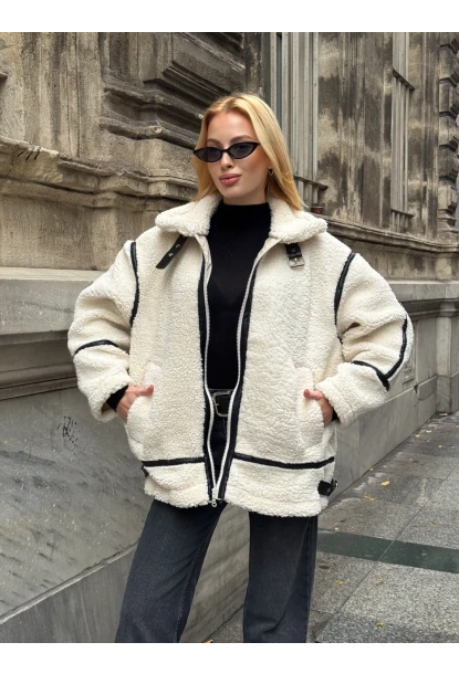Deri Biyeli Fermuarlı Peluş Mont