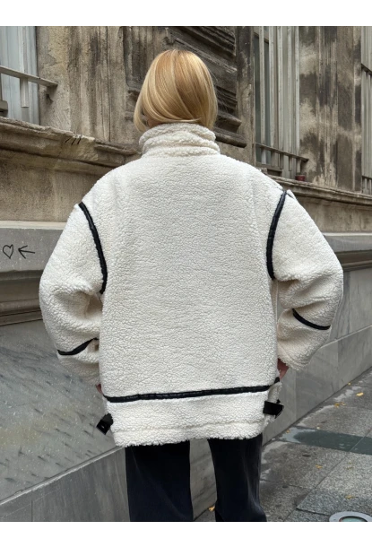 Deri Biyeli Fermuarlı Peluş Mont