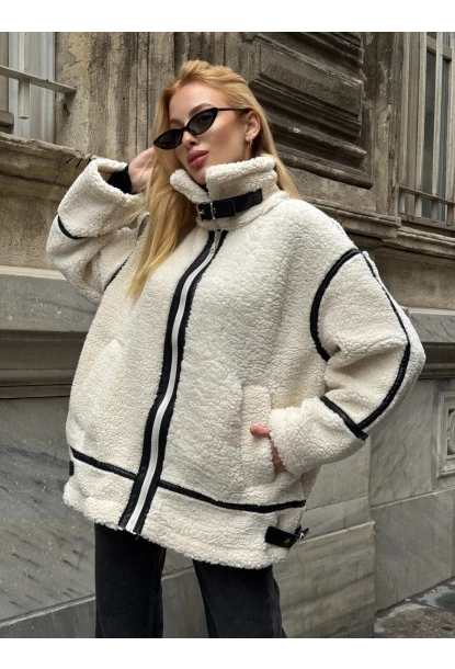 Deri Biyeli Fermuarlı Peluş Mont
