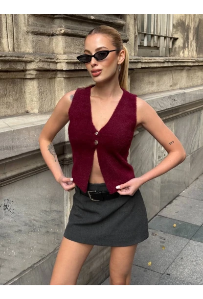 Düğmeli Yelek Model Crop Bluz Bordo