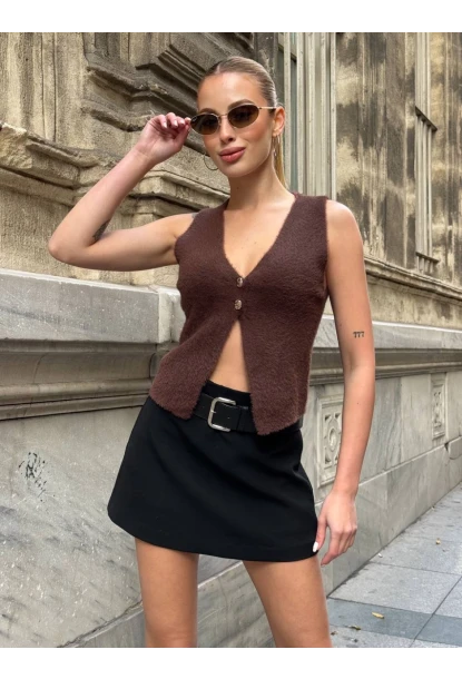 Düğmeli Yelek Model Crop Bluz Kahverengi