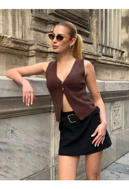 Düğmeli Yelek Model Crop Bluz Kahverengi