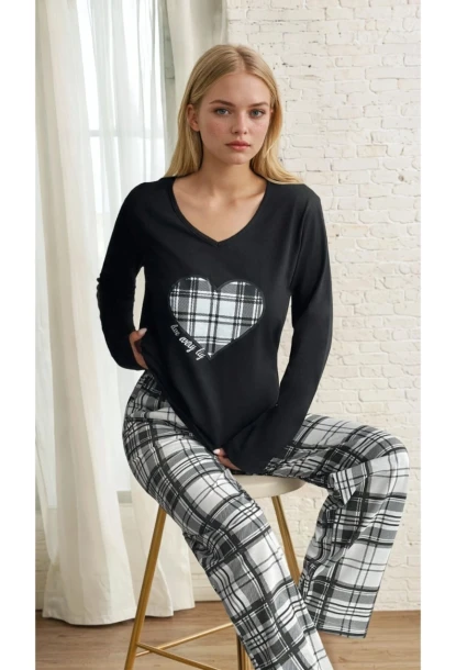 Ekose Desen Alt Kalp Baskılı Pijama Takımı