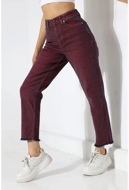 Eski Efektli Şık Bordo Mom Fit Jean