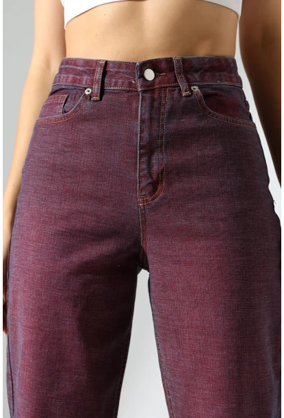 Eski Efektli Şık Bordo Mom Fit Jean