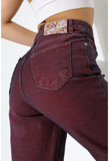 Eski Efektli Şık Bordo Mom Fit Jean