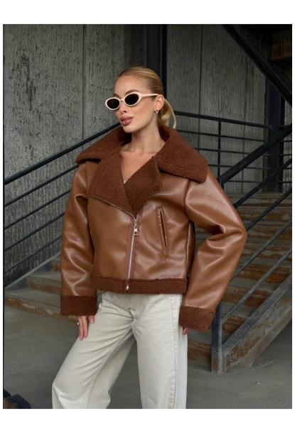 Fermuar Detaylı İçi Kürklü Suni Deri Mont Kahverengi