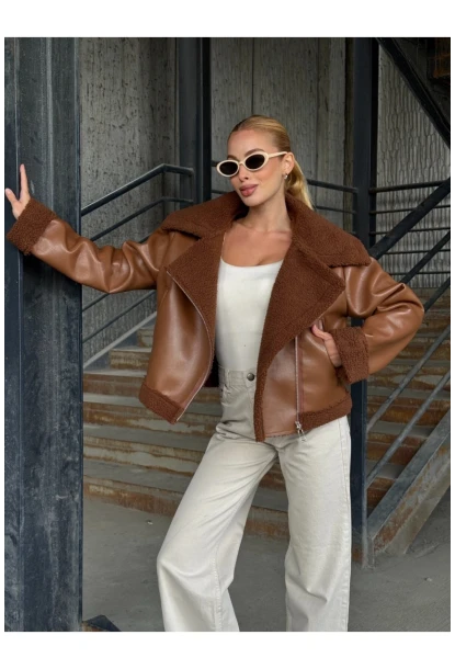 Fermuar Detaylı İçi Kürklü Suni Deri Mont Kahverengi