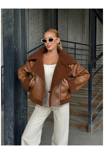 Fermuar Detaylı İçi Kürklü Suni Deri Mont Kahverengi