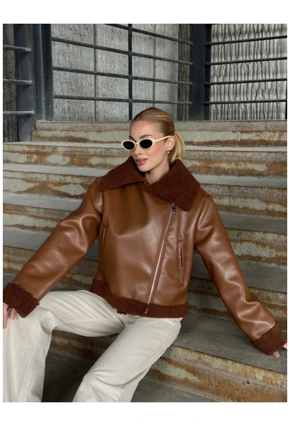 Fermuar Detaylı İçi Kürklü Suni Deri Mont Kahverengi