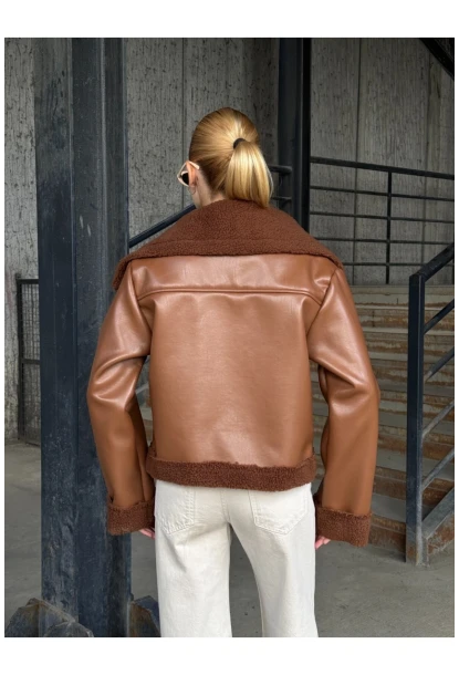 Fermuar Detaylı İçi Kürklü Suni Deri Mont Kahverengi