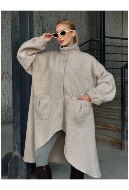 Geniş Çift Cepli Kalın Buklet Kumaş Mevsimlik Mont Bej