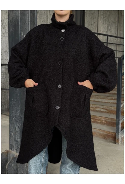 Geniş Çift Cepli Kalın Buklet Kumaş Mevsimlik Mont Siyah
